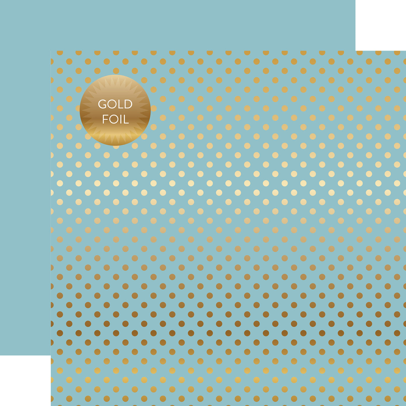 Gold foil dots on light blue 12x12 cardstock, plain light blue reverse, from Dots & Stripes Collection by Echo Park Paper.