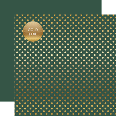 Gold foil dots on hunter green 12x12 cardstock, plain hunter green reverse, from Dots & Stripes Collection by Echo Park Paper.