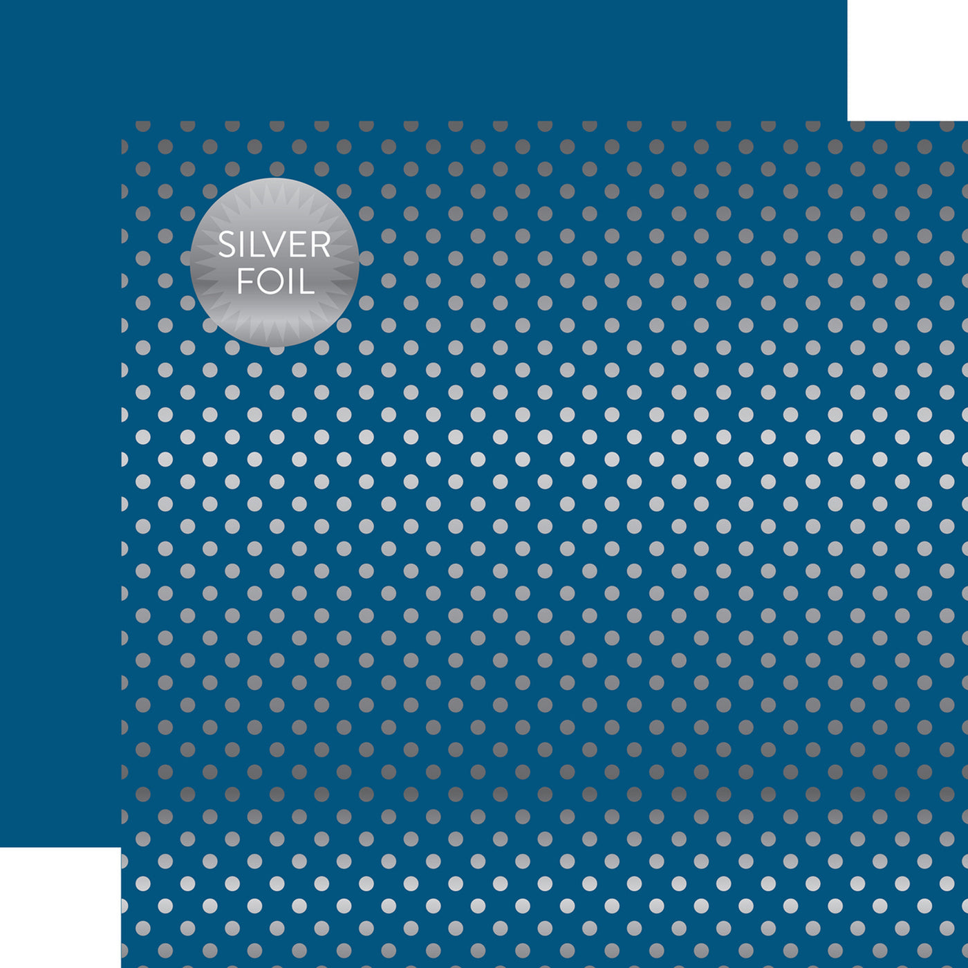 Silver foil dots on blue 12x12 cardstock, plain blue reverse, from Dots & Stripes Collection by Echo Park Paper.