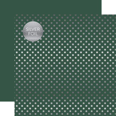 Silver foil dots on hunter green 12x12 cardstock, plain hunter green reverse, from Dots & Stripes Collection by Echo Park Paper.