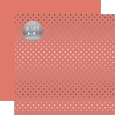 Silver foil dots on peach 12x12 cardstock, plain peach reverse, from Dots & Stripes Collection by Echo Park Paper.