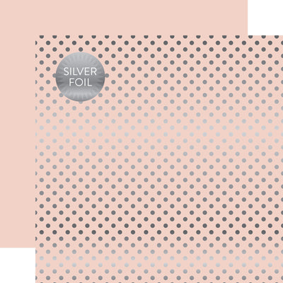 Silver foil dots on light pink 12x12 cardstock, plain light pink reverse, from Dots & Stripes Collection by Echo Park Paper.