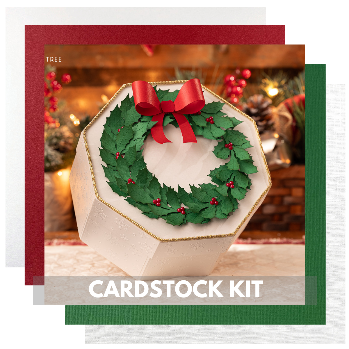 Christmas gift box cardstock kit coordinating with Dreaming Tree Evergreen Elegance SVG files.