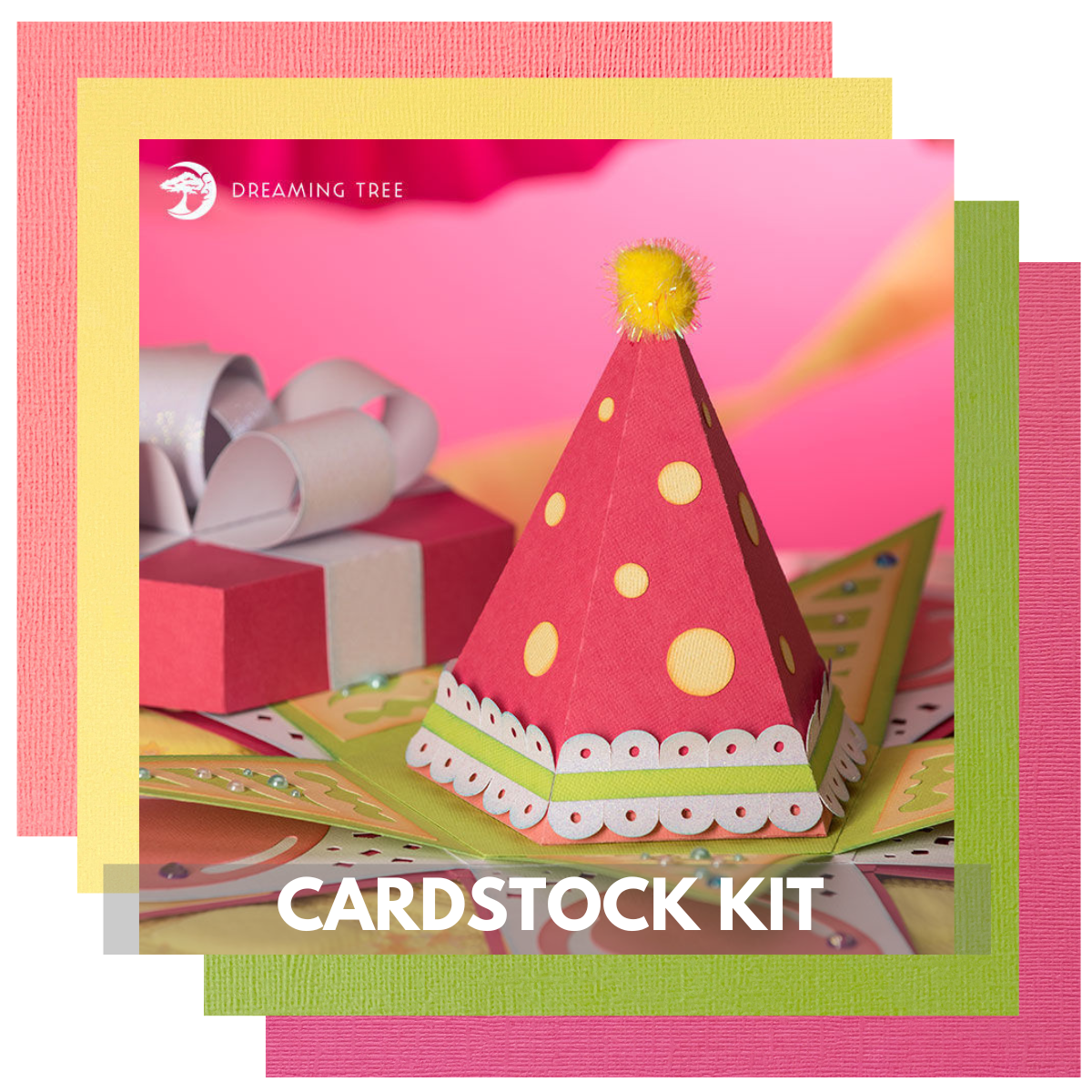 Birthday Party Hat Shaped Explosion Box cardstock kit to coordinate with Dreaming Tree files.