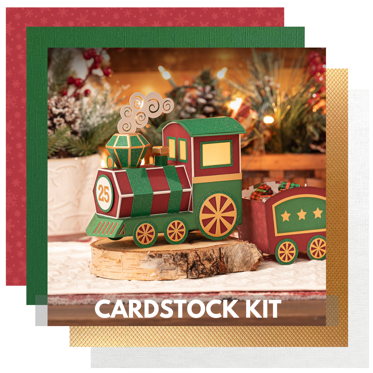 DIY Christmas Train Cardstock Kit coordinating with the Dreaming Tree Jingle Bell Express SVG files.