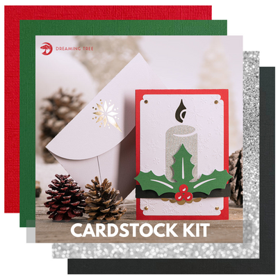 Cardstock kit with Christmas themed handmade card and decorative elements on a white background. Dreaming Tree Noel Twist Pop Card.