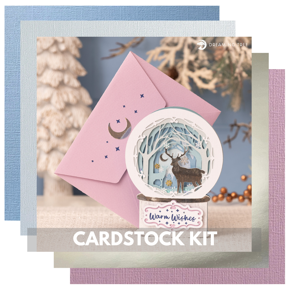 Cardstock kit with a snow globe card featuring a wintery deer. Coordinates with Dreaming Tree Snow Globe Shaker Card files.