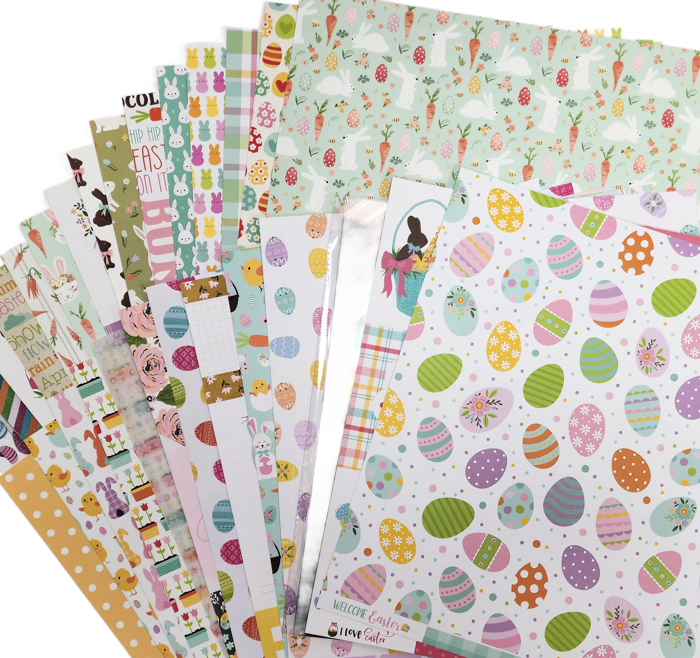30 pieces of cardstock and specialty papers in Easter prints and colors. Mixed textures and finished Brands include American Crafts, Echo Park, Pebbles, and Recollections.