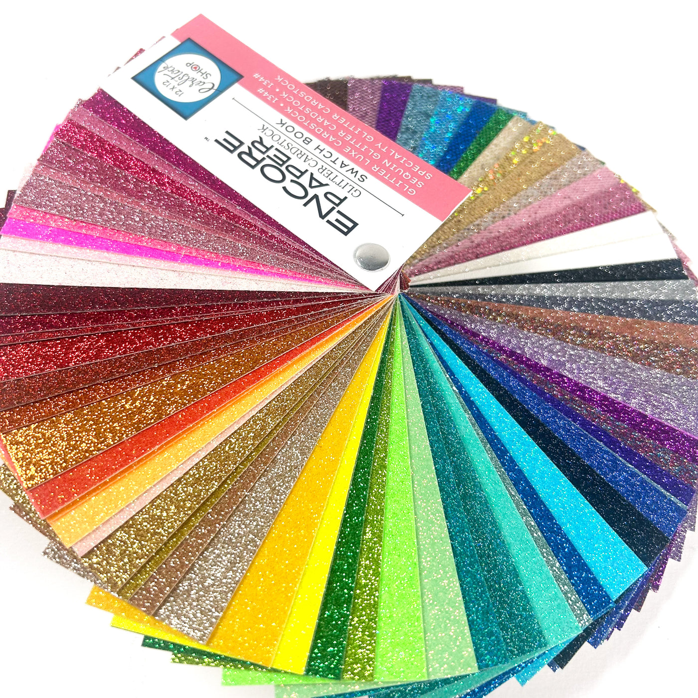 Encore Glitter Cardstock Swatch Book includes Glitter Luxe, Sequin Glitter and Specialty Glitter offering under the Encore Paper brand. 