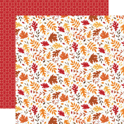 From Echo Park (Side A - fall leaves on an off-white background; Side B - small red-on-red pattern)