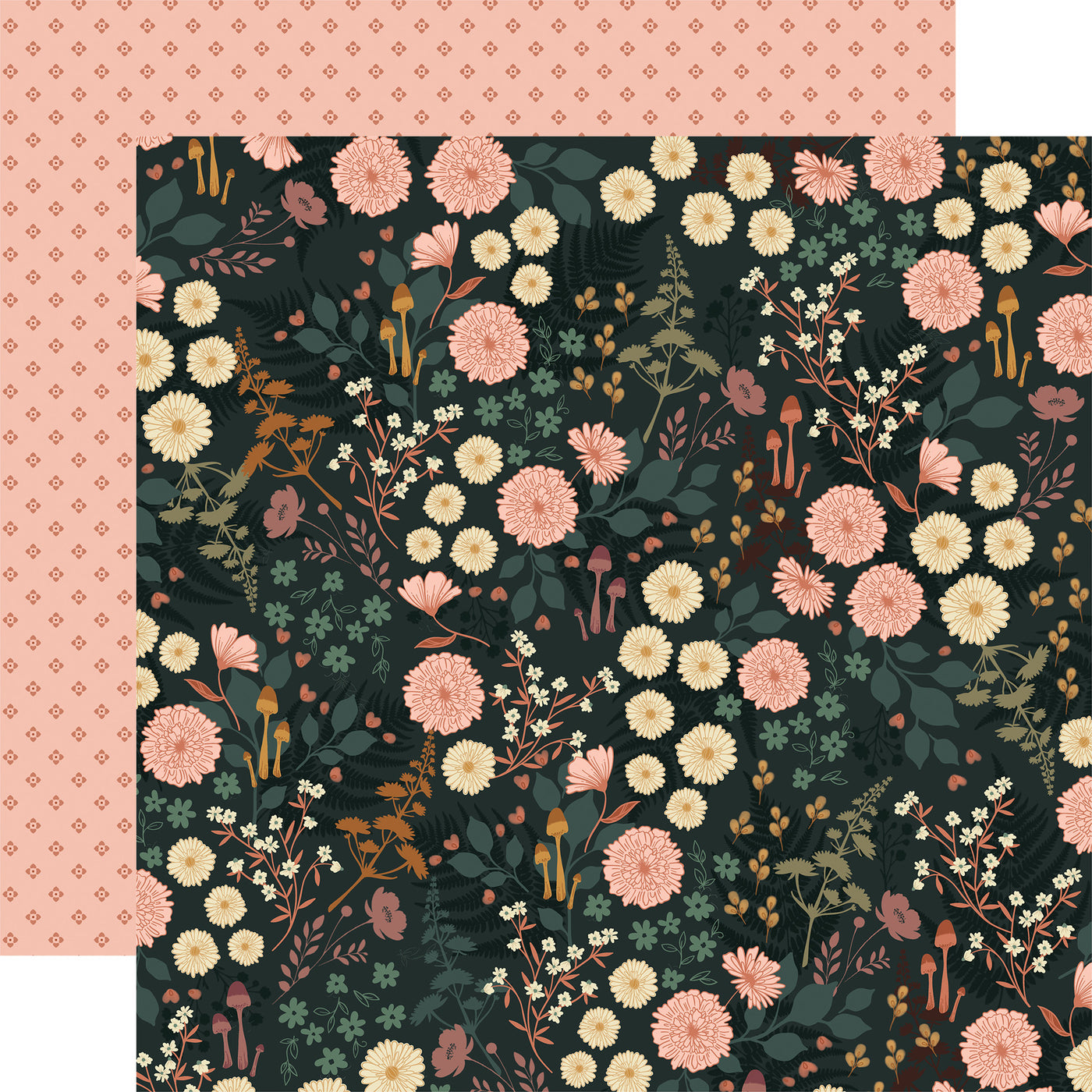 12x12 double-sided sheet. (Side A - pink and yellow floral on a black background, Side B - orange pattern on a salmon pink background) Archival quality, acid-free. 