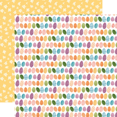 12x12 double-sided patterned paper - (rows of pastel Easter eggs on a white background, yellow floral pattern reverse)