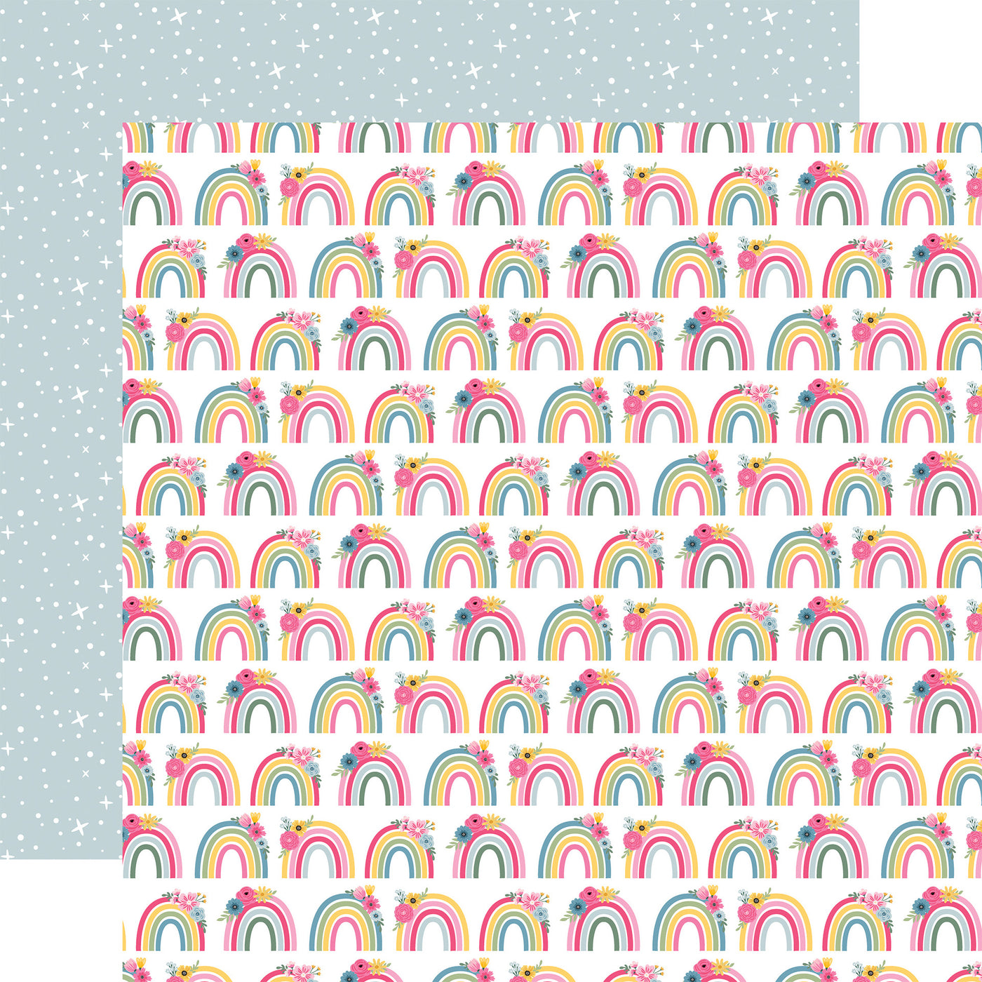 Pattern of colorful rainbows on a white background, with a blue star pattern reverse.