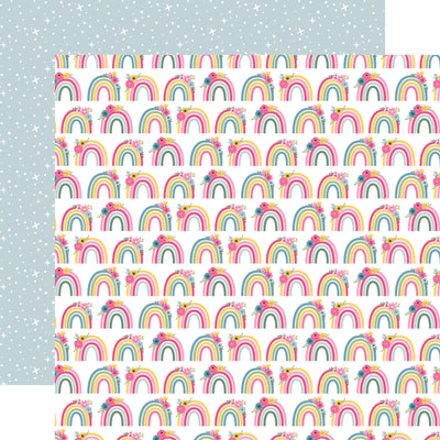 Pattern of colorful rainbows on a white background, with a blue star pattern reverse.