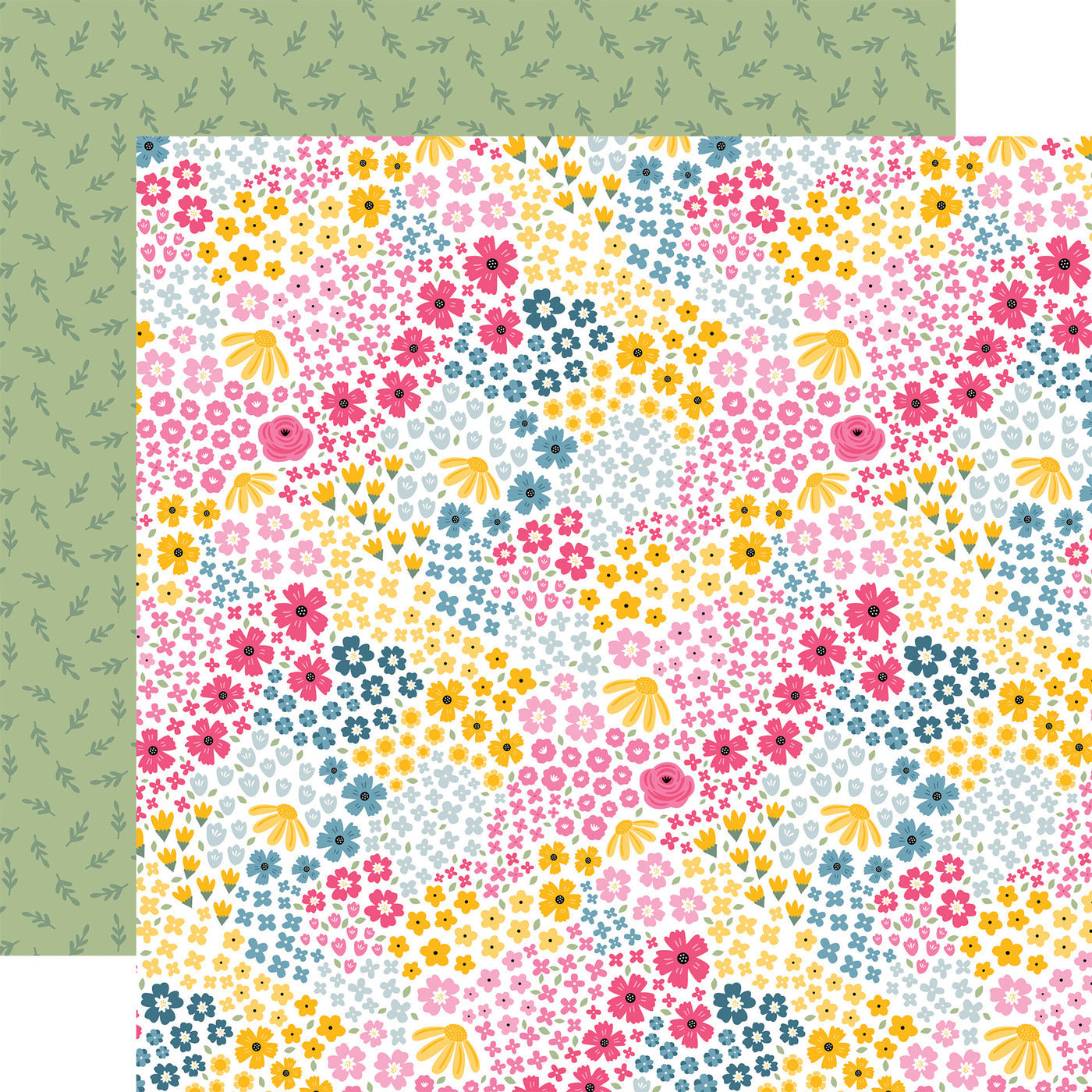 (Side A - a dense and cheerful seamless pattern of various small, stylized flowers in vibrant shades of pink, yellow, and blue, with hints of green leaves, all scattered across a white background, Side B - a subtle, seamless pattern of small, uniformly shaped green leaves scattered randomly across a lighter sage green background)