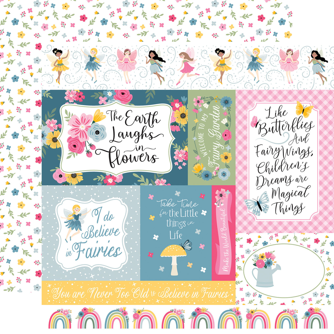 Colorful journaling cards with fairy-themed designs, quotes, and patterns, a floral background reverse.