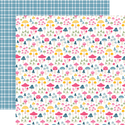 Patterned paper with colorful mushrooms on a white background, with blue plaid reverse.