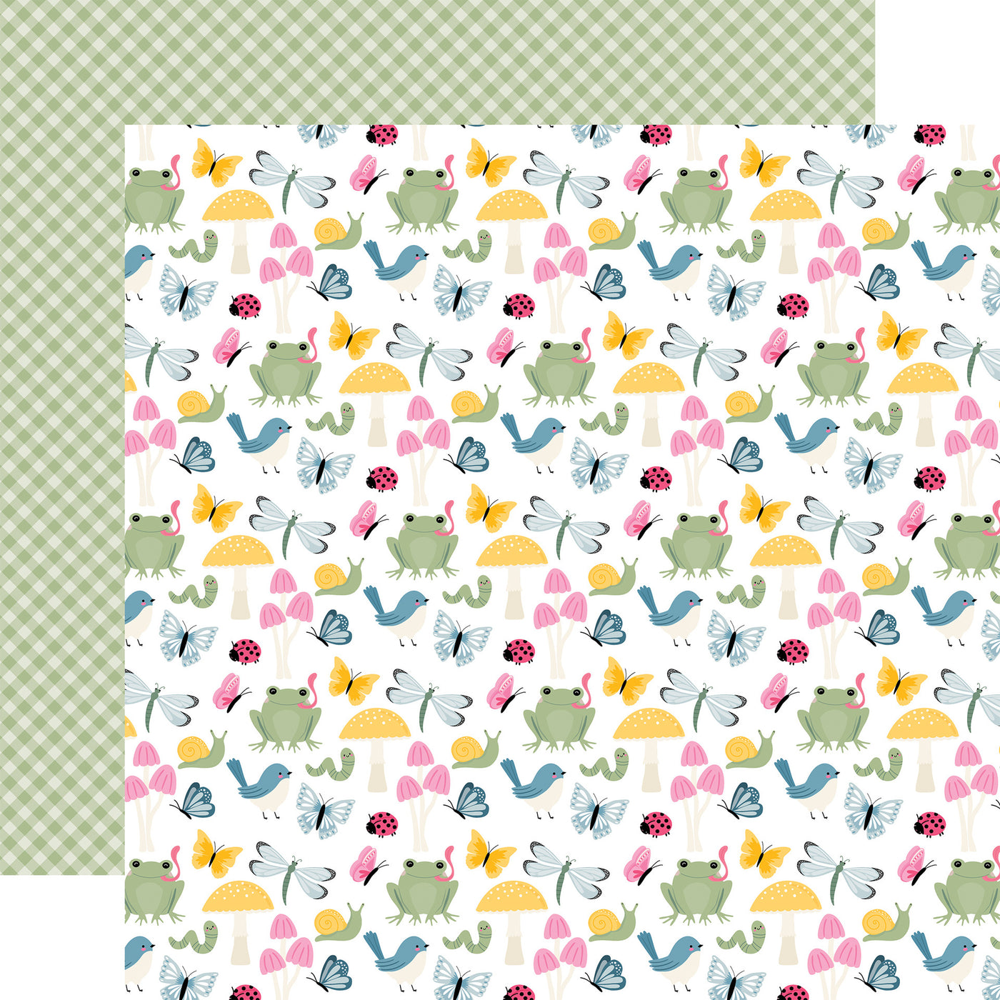 Patterned paper with colorful bugs, birds, and frogs with a green checkered background reverse.