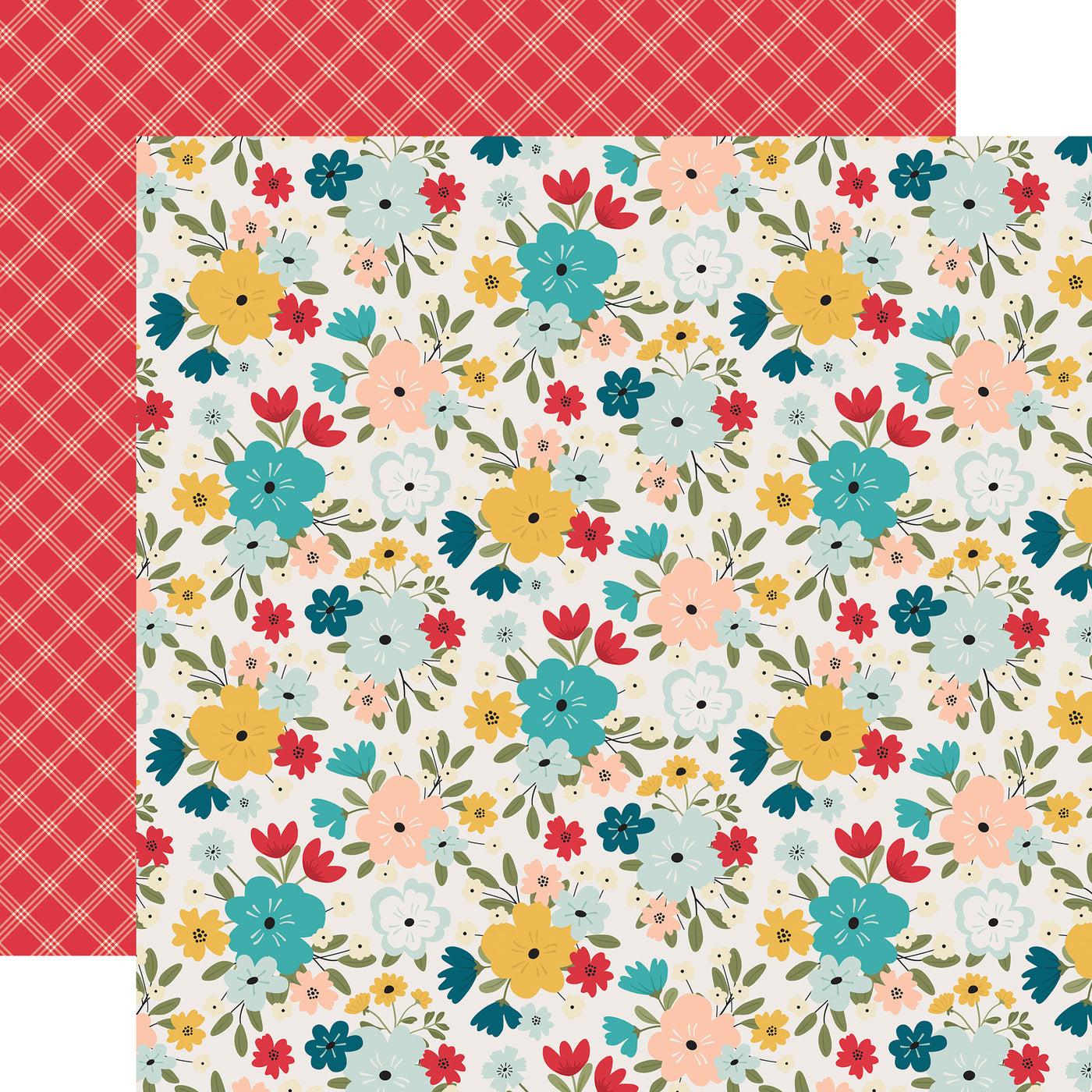 12x12 double-sided patterned paper. (Side A - red, blue, yellow, and pink floral on a white background; Side B - white diagonal plaid on a red background)