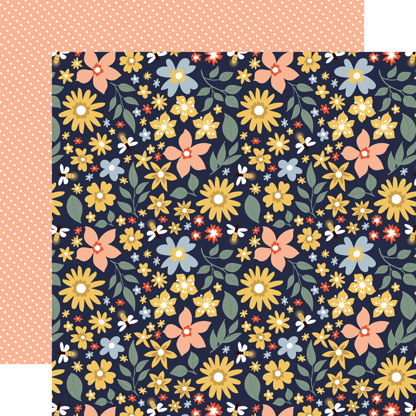 Floral-patterned paper with colorful flowers on a navy background, white polka dots on a peach background, reverse.
