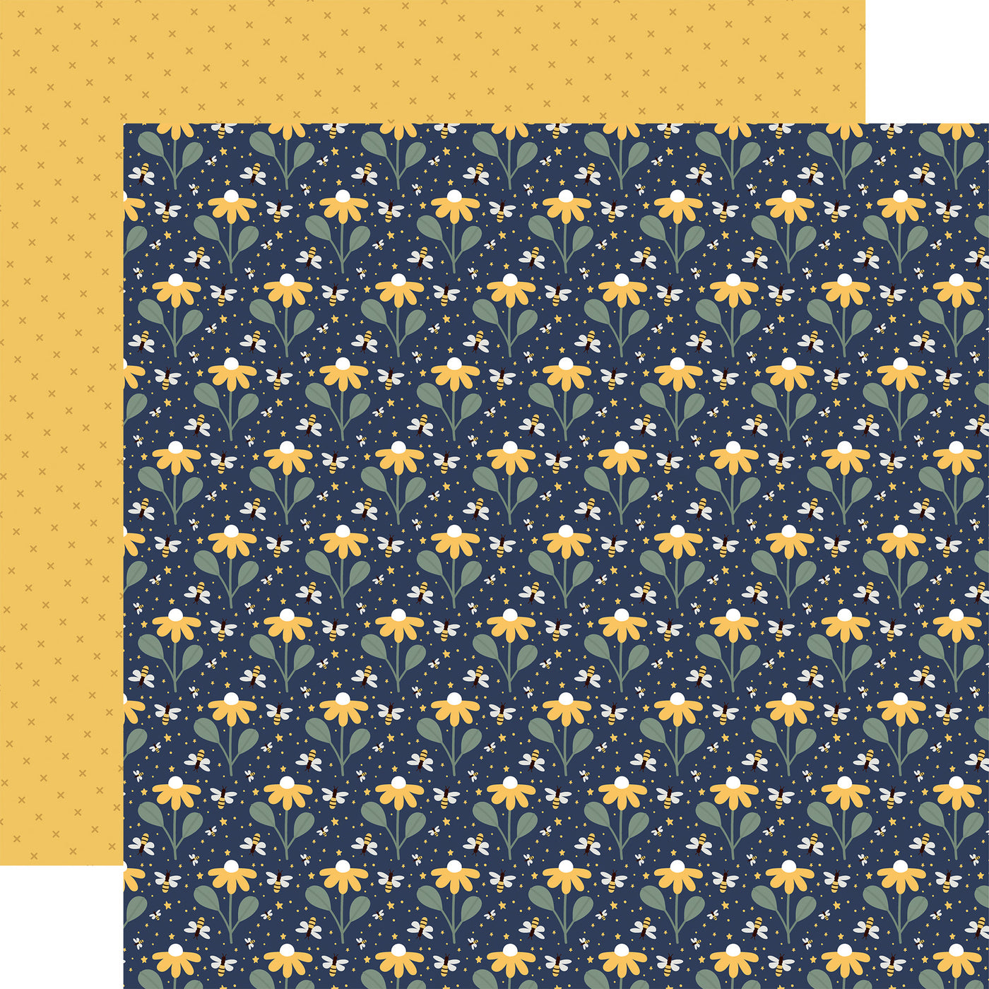 Navy blue paper with yellow floral pattern with a yellow patterned background.