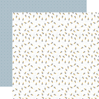 Pattern of small yellow and black fireflies on a white background with a blue pattern reverse.