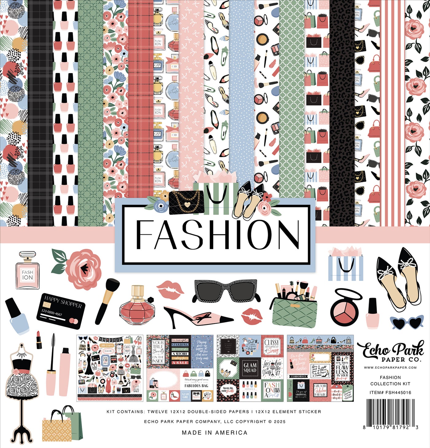 Collection of fashion-themed paper sheets and accessories with 'Fashion'  Echo Park Paper Co. branding.