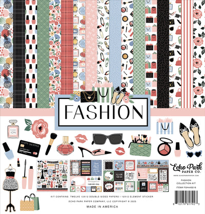 Collection of fashion-themed paper sheets and accessories with 'Fashion'  Echo Park Paper Co. branding.