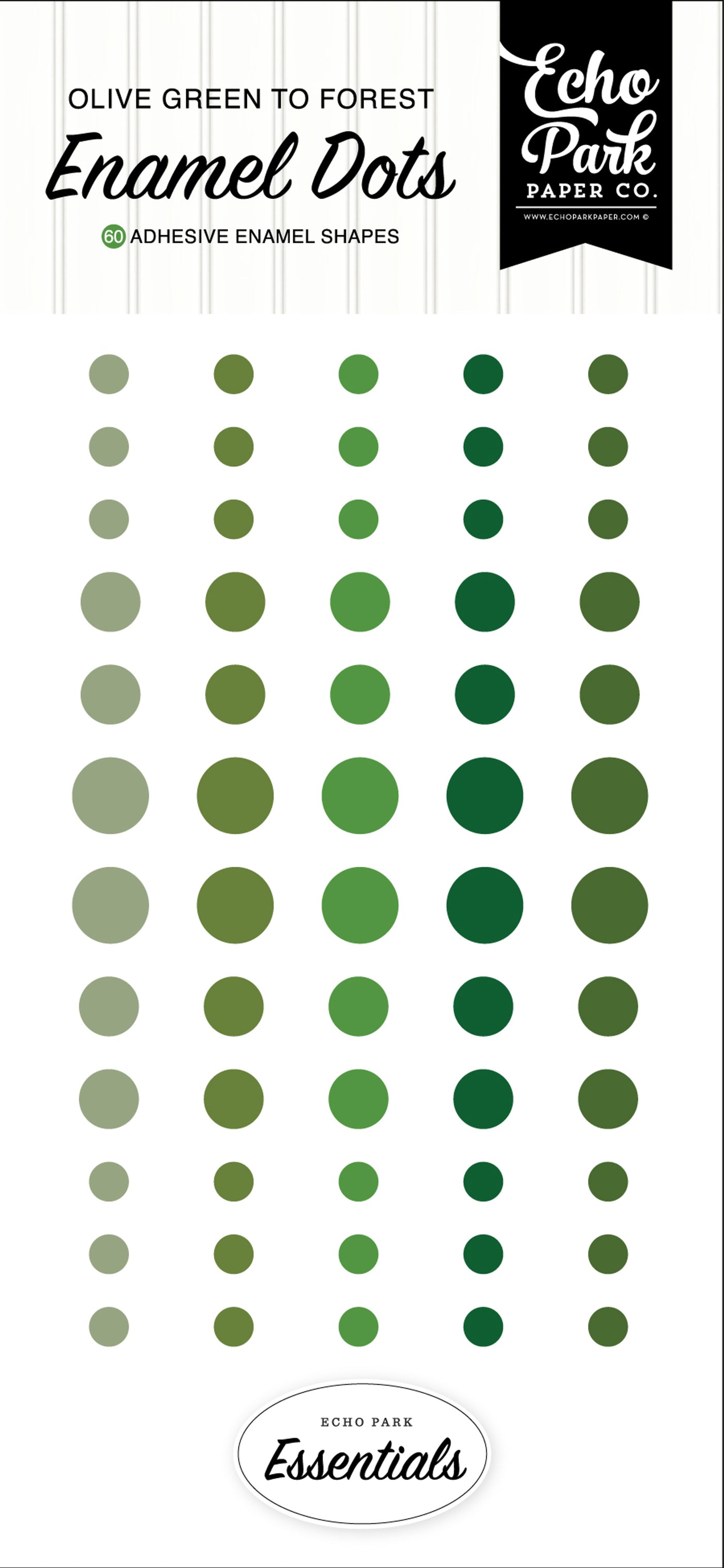 Sixty enamel dots in greens, in three sizes, with an adhesive back, designed to coordinate with the Essentials Collection by Echo Park.