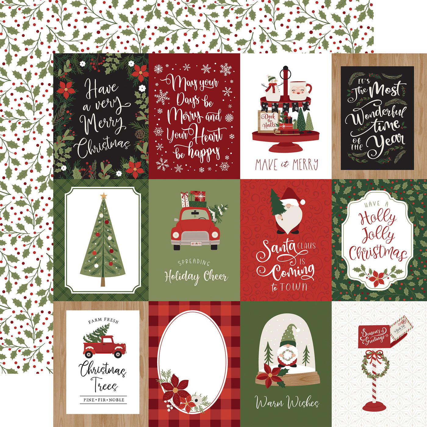 (Side A - Christmas journaling cards and phrases, Side B - holly with red berries all over on a white background). Archival safe.