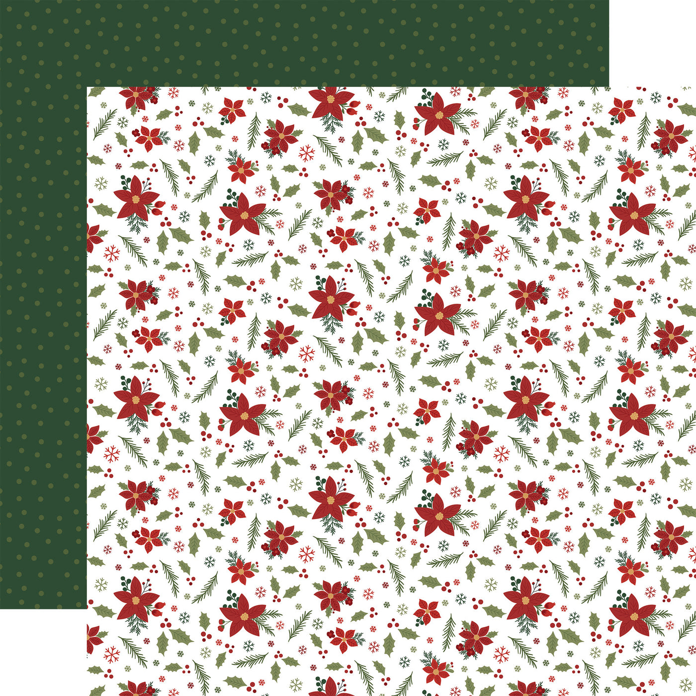 Christmas-themed paper with red flowers and green leaves on a white background with green polka dot pattern reverse.