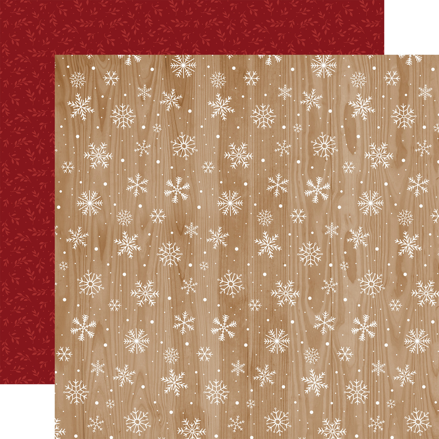 (Side A - a festive winter pattern of white snowflakes on a woodgrain background; Side B - a pattern with small, red leaves on a dark red background.)