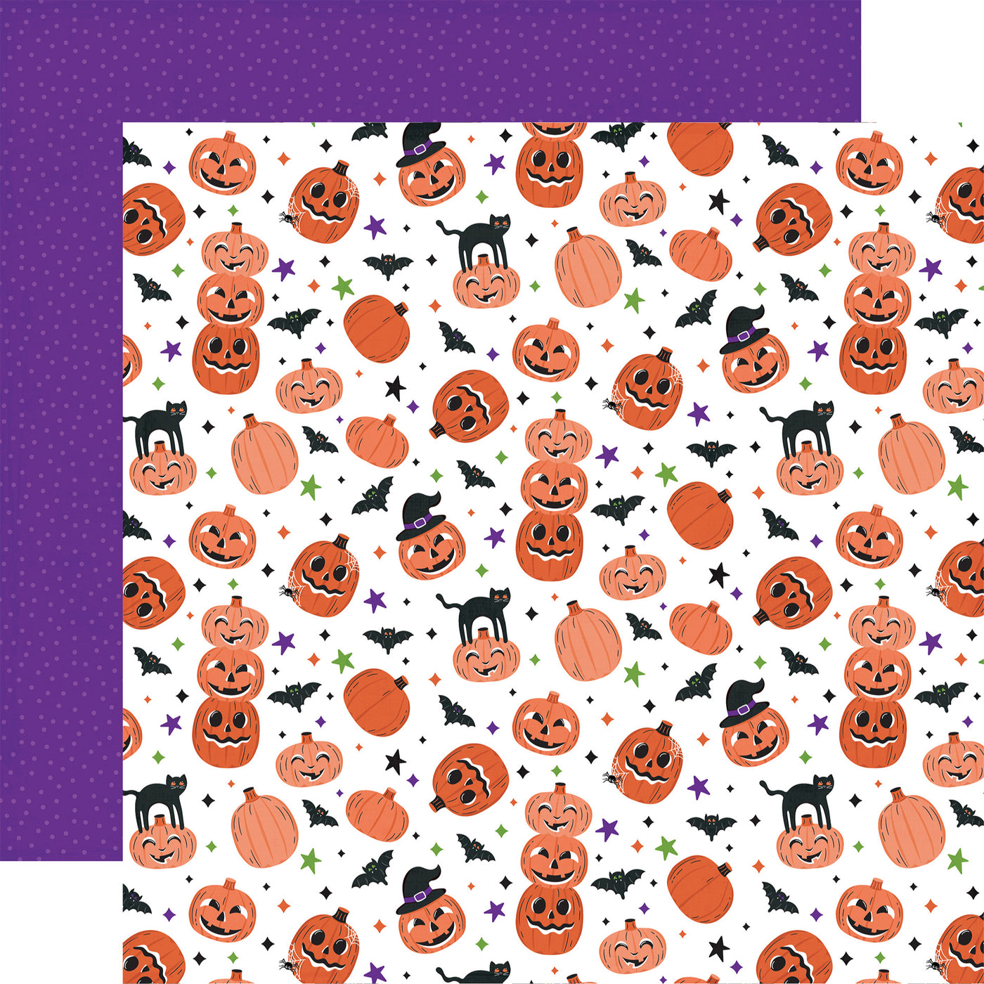 Halloween-themed paper with pumpkins, cats, and bats on a white background.