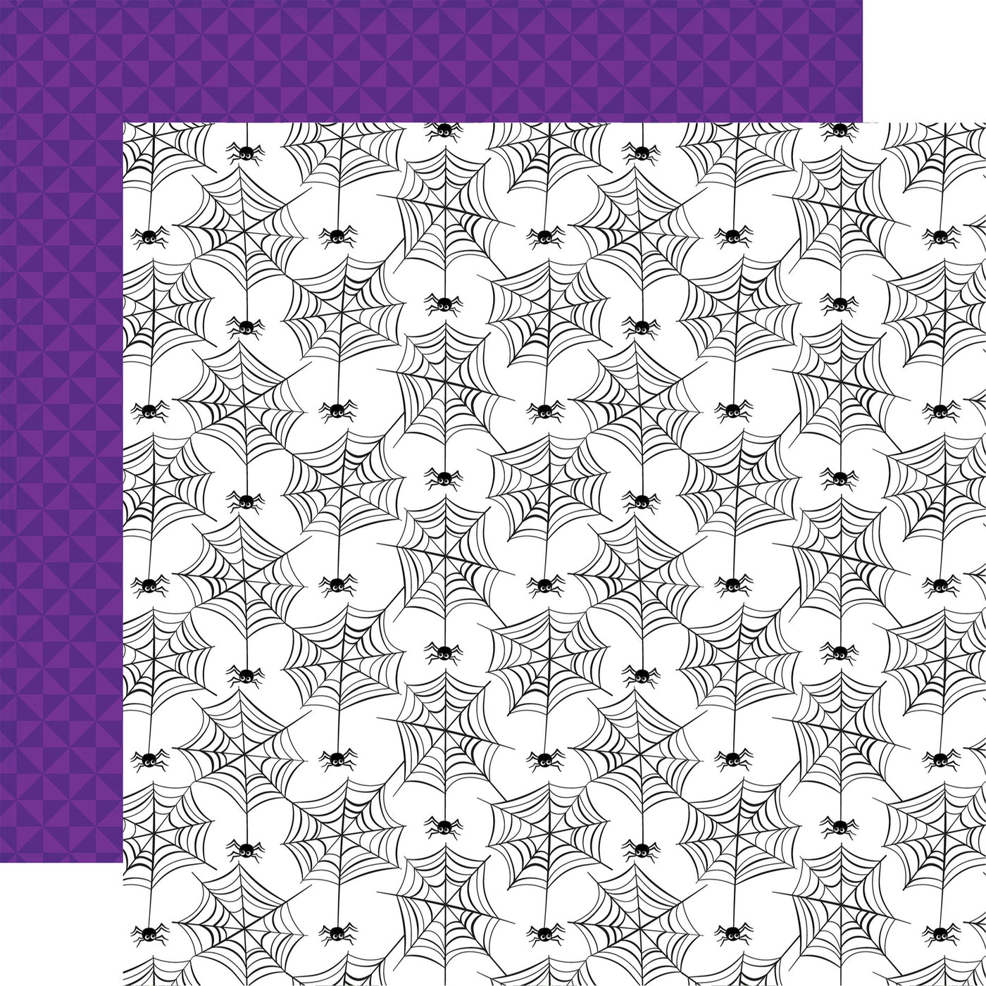 (Side A - a dense array of black spiderwebs with small black spiders on a white background; Side B - a solid purple background with a subtle, repeating geometric pattern of small, interlocking triangles)