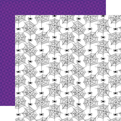 (Side A - a dense array of black spiderwebs with small black spiders on a white background; Side B - a solid purple background with a subtle, repeating geometric pattern of small, interlocking triangles)