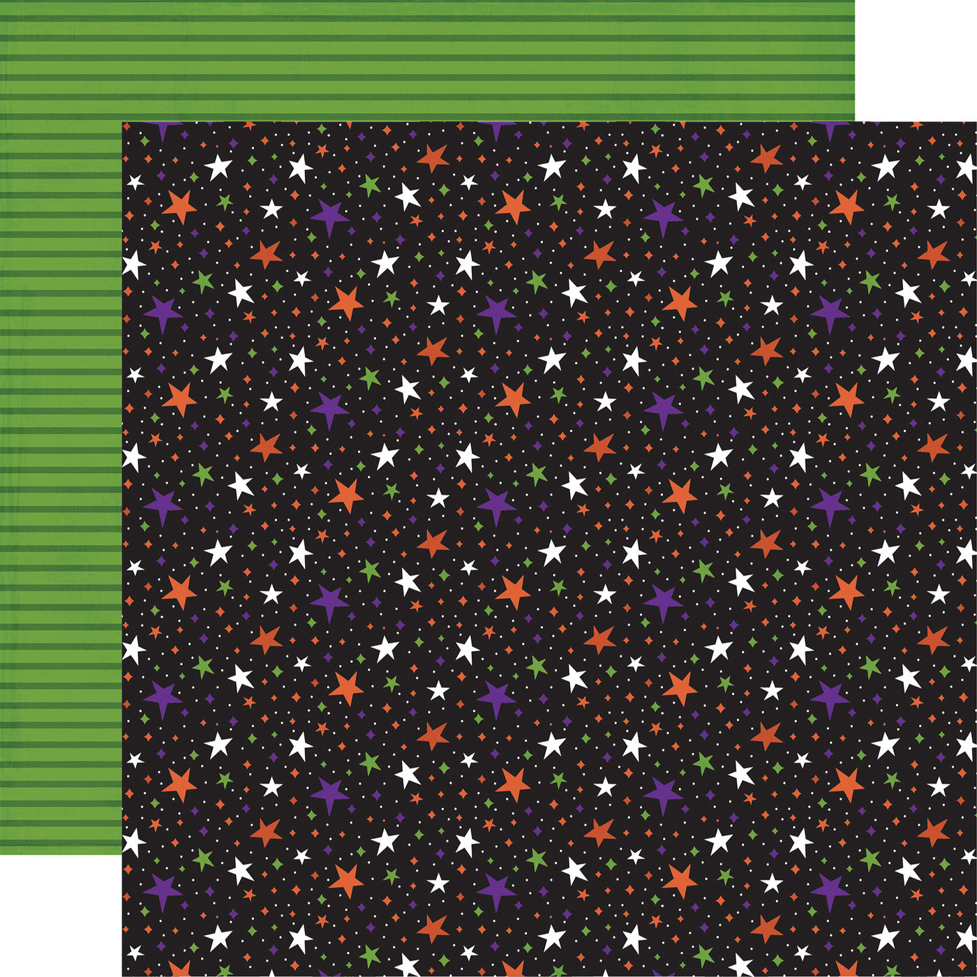(Side A - &nbsp;an assortment of stars and tiny dots scattered across a black background. The stars come in various sizes and colors, including white, orange, purple, and green, evoking a "spooky season" or starry night sky theme; Side B - a green background with horizontal stripes in a darker shade of green)