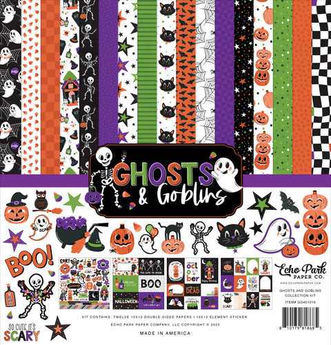 Ghosts and Goblins Collection Kit from Echo Park Paper - Kit contains twelve 12x12 double-sided papers, including a cover, plus a 12x12 element sticker. Bewitching colors and a Halloween theme. Archival quality and acid-free.