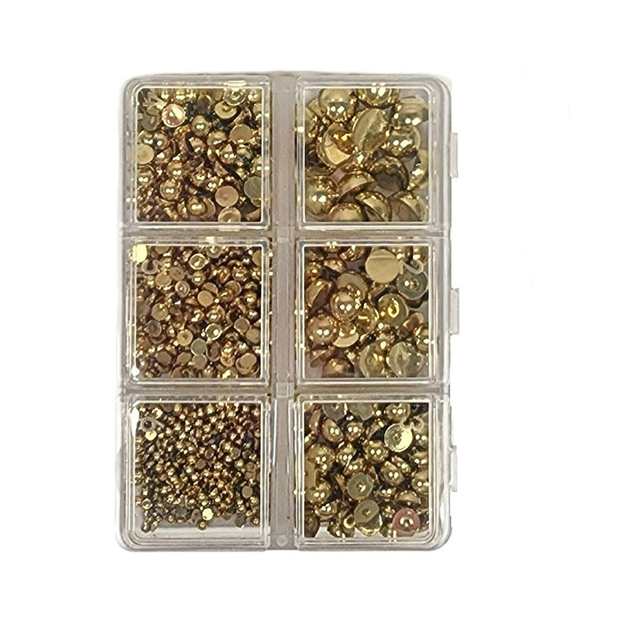 bright gold pearl embellishments for papercraft projects in a handy storage container. One thousand pieces of mixed-size flat-backed pearls for your paper projects.