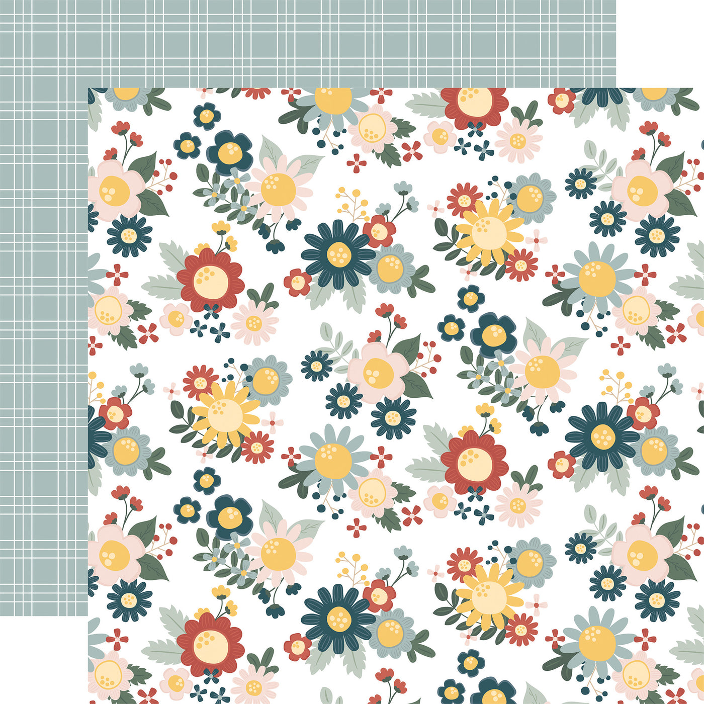 12x12 double-sided patterned paper. (Side A - blue, yellow, green, and pink floral on a white background; Side B - white plaid on a light blue background)