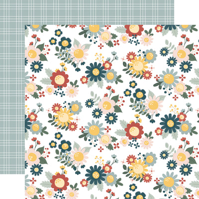 12x12 double-sided patterned paper. (Side A - blue, yellow, green, and pink floral on a white background; Side B - white plaid on a light blue background)