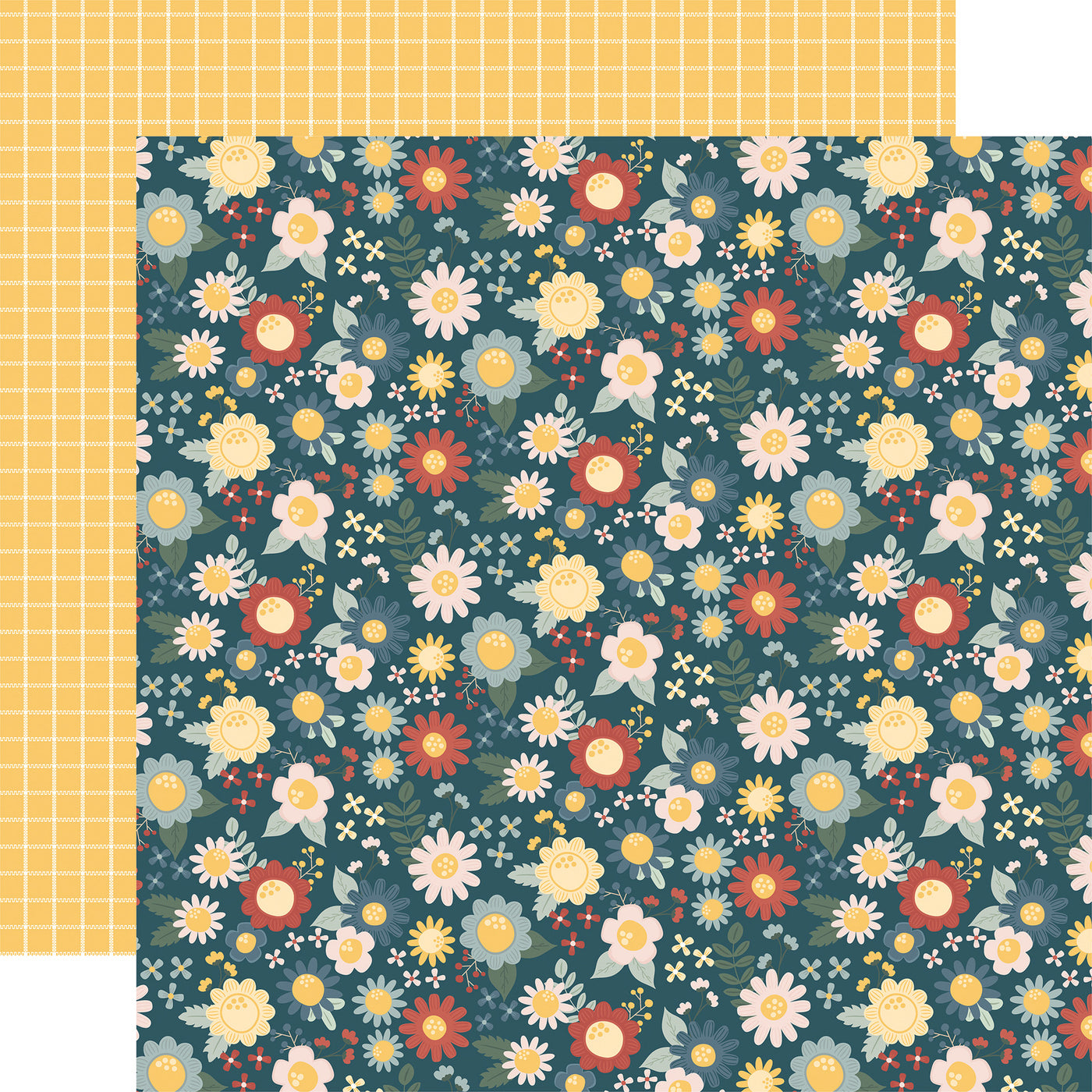 12x12 double-sided patterned paper. (Side A - blue, yellow, green, and pink floral on a navy blue background; Side B - white plaid on a yellow background)