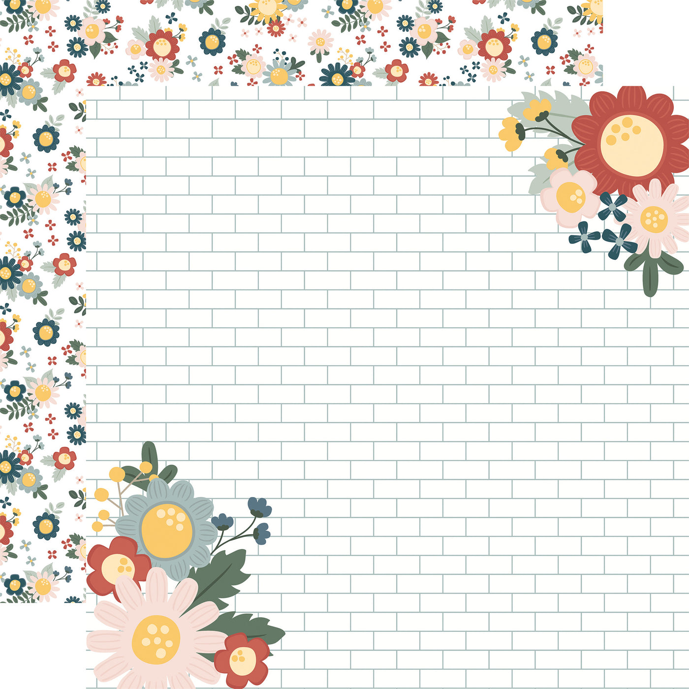 12x12 double-sided patterned paper. (Side A - blue, yellow, green, and pink floral in the corners on a white subway tile background; Side B - matching flowers on a white background)