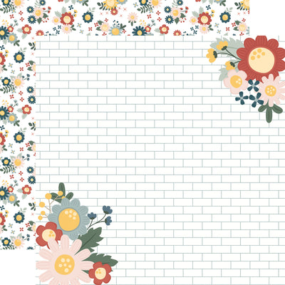 12x12 double-sided patterned paper. (Side A - blue, yellow, green, and pink floral in the corners on a white subway tile background; Side B - matching flowers on a white background)