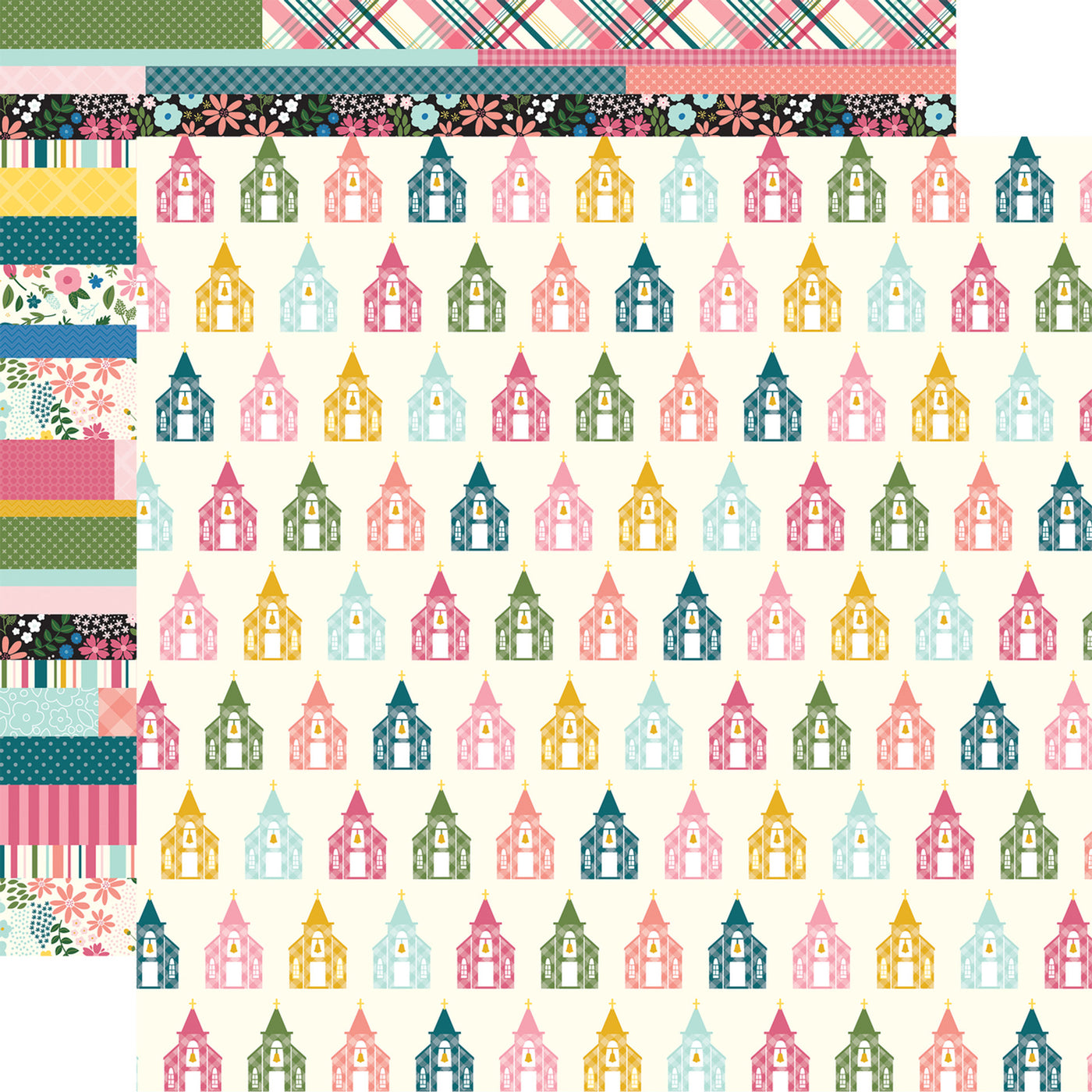 (Side A - rows of different patterns in pink, olive green, baby blue, and yellow; Side B - repeating little chapels in different matching colors on a cream background)- from Echo Park Paper.