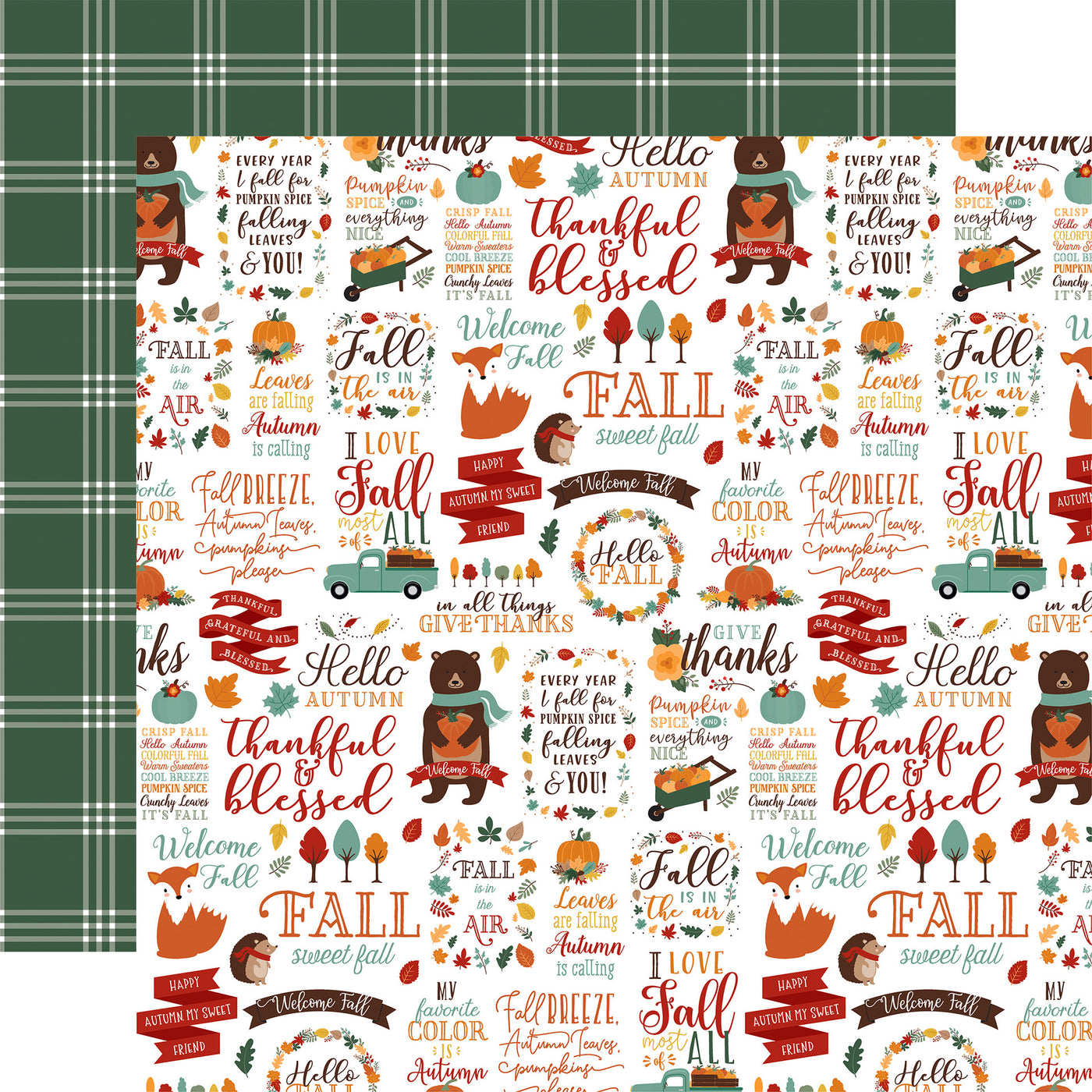 Fall-themed paper with text and illustrations with a green plaid background reverse.