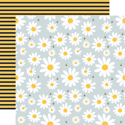 (Side A - cute little bees buzzing around white and yellow flowers on a light blue background, Side B - yellow and black stripes pattern), archival quality, acid-free. 