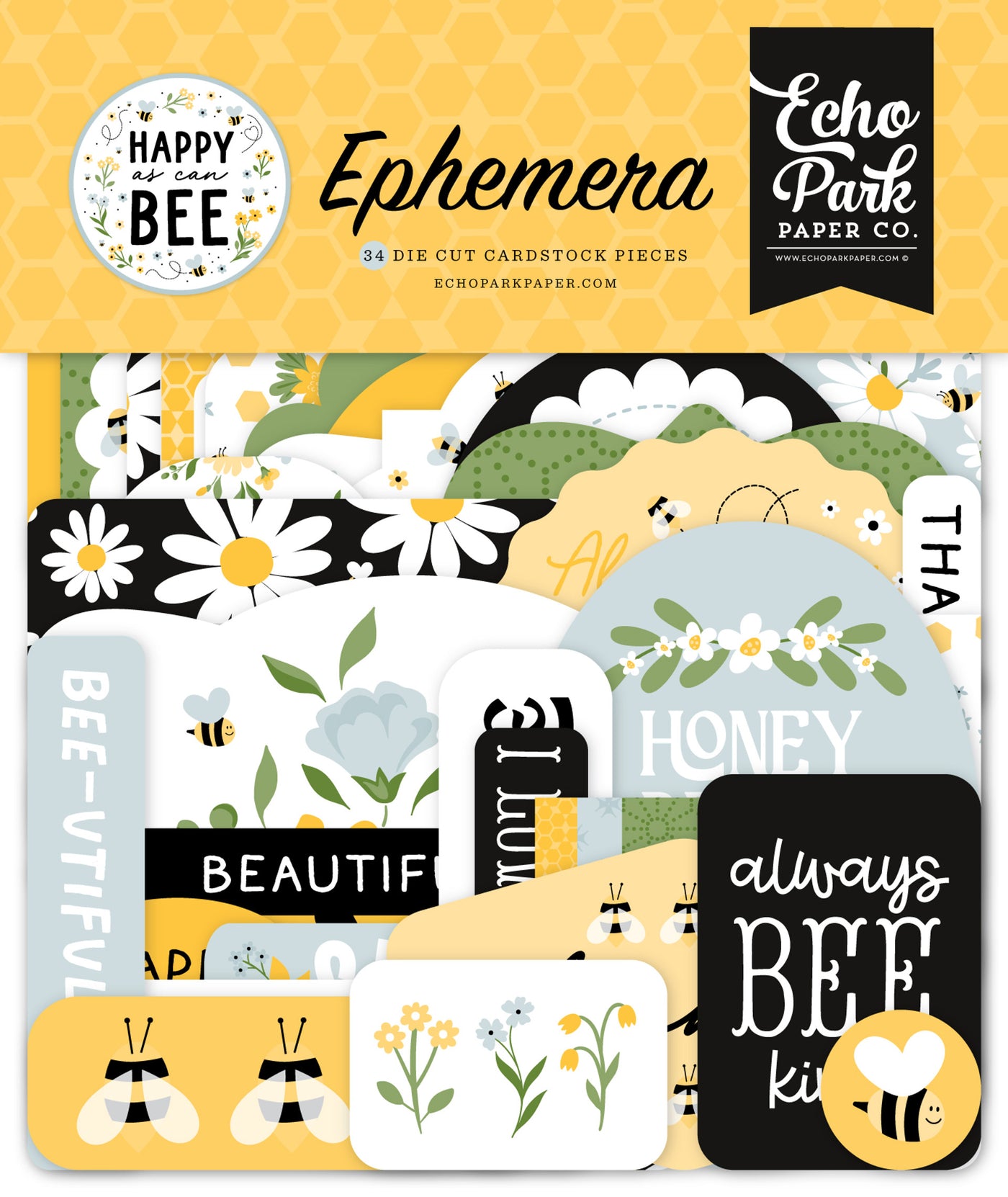 Happy As Can Bee Ephemera Die Cut Cardstock Pack.  Pack includes 33 different die-cut shapes ready to embellish any project.