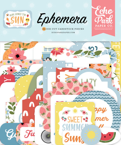 Here Comes The Sun Ephemera Die Cut Cardstock Pack. The pack includes 34 die-cut shapes that are ready to embellish any project. 