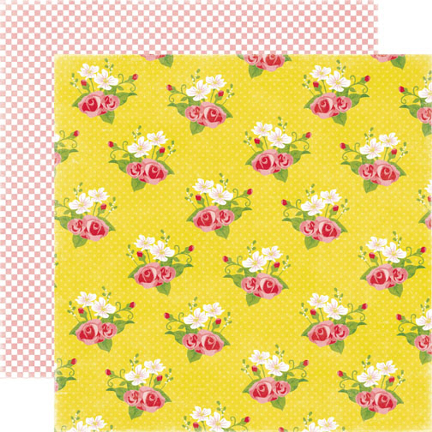 12x12 double-sided patterned paper. (Side A - white, yellow, and pink floral on a yellow background; Side B - white and bubblegum pink checkerboard pattern)