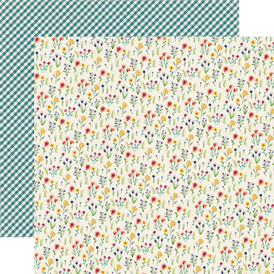 From Echo Park, (Side A - wildflowers on a cream background; Side B - blue gingham on a cream background)